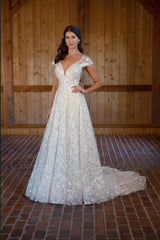 Beautiful Long A-line V-neck Sleeveless Wedding Dresses with Lace