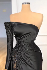 Beautiful Long Black Off-the-shoulder Beading Prom Dress With Long Sleeve-misshow.com