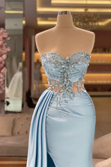 Beautiful Long Blue Mermaid Sleeveless Beading Prom Dress With Slit-misshow.com