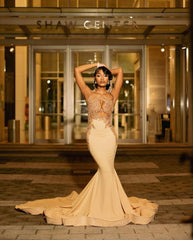 Beautiful Long Champagne Mermaid Sleeveless Beading Prom Dress With Lace-misshow.com