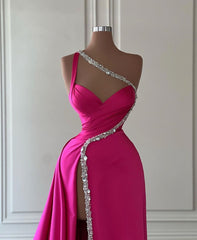 Beautiful Long Fuchsia One Shoulder Jewels Sleeveless Prom Dress With Slit-misshow.com