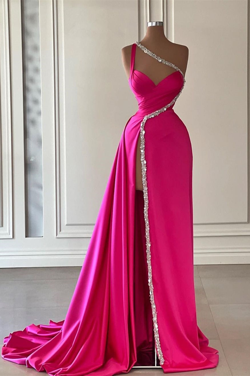 Beautiful Long Fuchsia One Shoulder Jewels Sleeveless Prom Dress With Slit-misshow.com