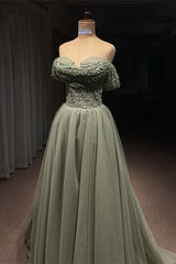 Beautiful Long Green A-line Off-the-shoulder Sequined Beading Prom Dress-misshow.com