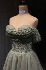 Beautiful Long Green A-line Off-the-shoulder Sequined Beading Prom Dress-misshow.com