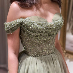 Beautiful Long Green A-line Off-the-shoulder Sequined Beading Prom Dress-misshow.com