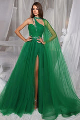 Beautiful Long Green A-line Sleeveless Tulle Prom Dresses with Glitter