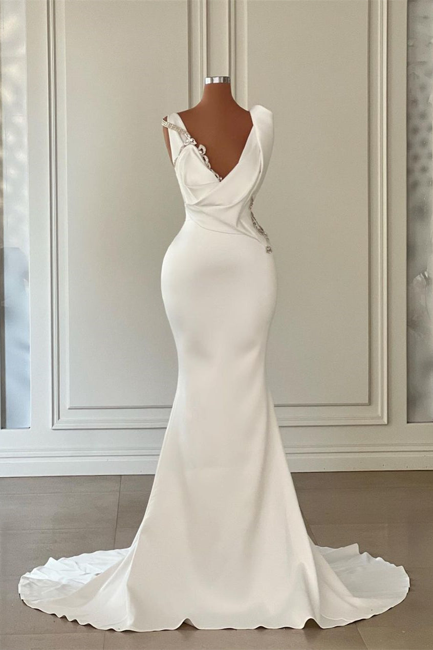 Beautiful Long Ivory Mermaid V-neck Satin Beading Sleeveless Wedding Dress