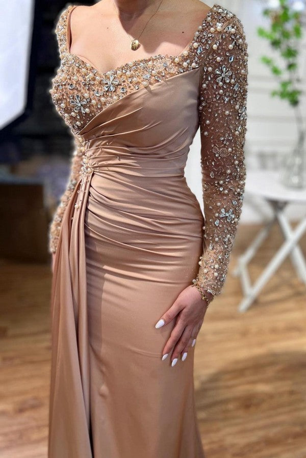 Beautiful Long Mermaid Beading Prom Dresses With Long Sleeves-misshow.com