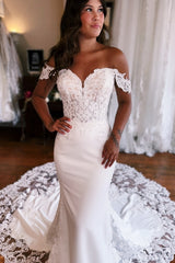 Beautiful Long Mermaid Off-the-shoulder Lace Satin Wedding Dress