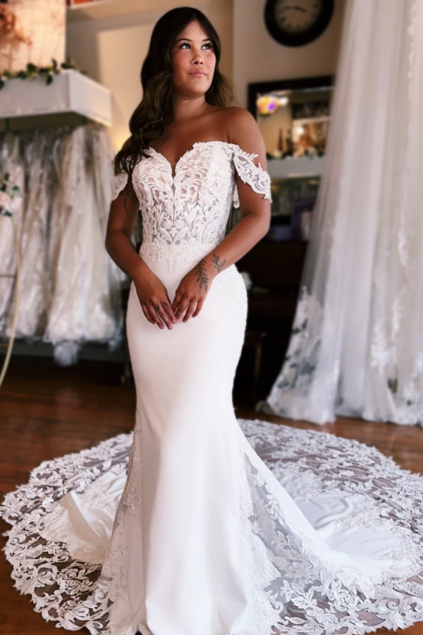 Beautiful Long Mermaid Off-the-shoulder Lace Satin Wedding Dress