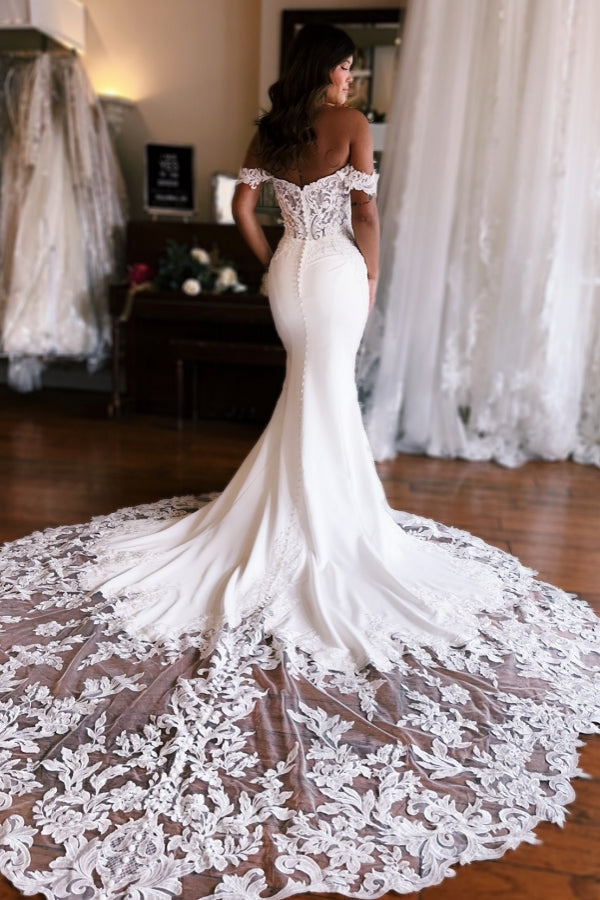 Beautiful Long Mermaid Off-the-shoulder Lace Satin Wedding Dress