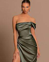 Beautiful Long Mermaid Off-the-shoulder Satin Prom Dress With Slit-misshow.com