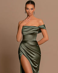 Beautiful Long Mermaid Off-the-shoulder Satin Prom Dress With Slit-misshow.com