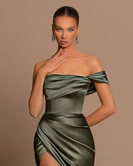 Beautiful Long Mermaid Off-the-shoulder Satin Prom Dress With Slit-misshow.com