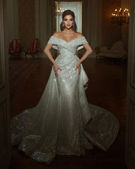 Beautiful Long Mermaid Off-the-shoulder Sequined Sleeveless Weddding Dress-misshow.com