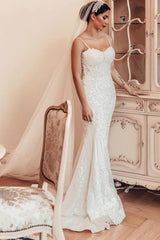 Beautiful Long Mermaid Spaghetti Straps Lace Sleeveless Wedding Dress