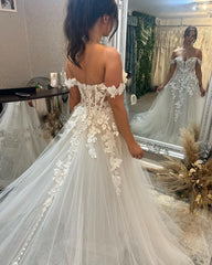 Beautiful Long Off-the-shoulder A-line Appliques Wedding Dress With Train-misshow.com