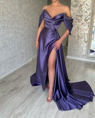 Beautiful Long Purple A-line Off-the-shoulder Sleeveless Prom Dresses With Slit-misshow.com