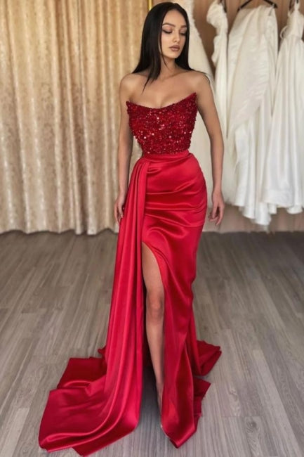 Beautiful Long Red Sequined Mermaid Satin Strapless Prom Dress with Slit