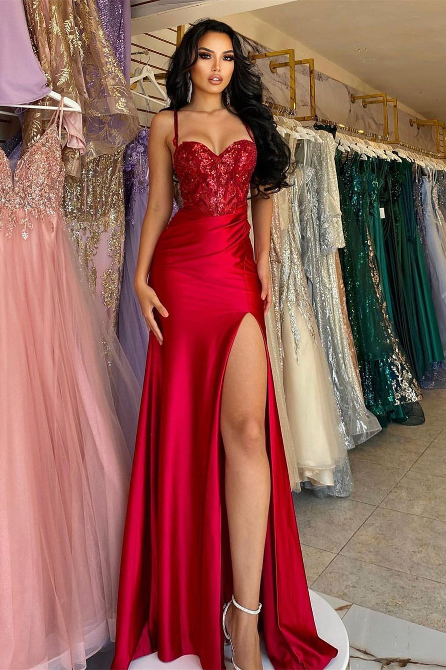 Beautiful Long Red Spaghetti Straps Sequined Lace Sleeveless Prom Dress With Slit-misshow.com