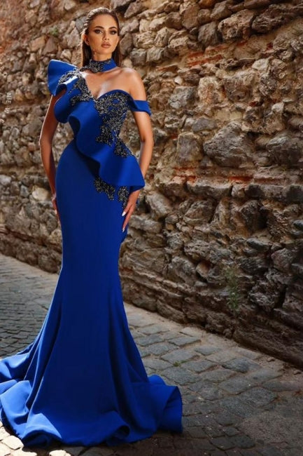 Beautiful Long Royal Blue Mermaid Beading Prom Dress with Ruffles