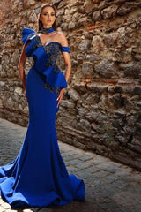 Beautiful Long Royal Blue Mermaid Beading Prom Dress with Ruffles