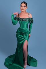 Beautiful Long Spaghetti Green Satin Mermaid Prom Dresses With Long Sleeve-misshow.com