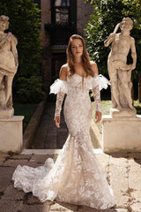 Beautiful Long Strapless Tulle Mermaid Wedding Dresses With Embroidery-misshow.com