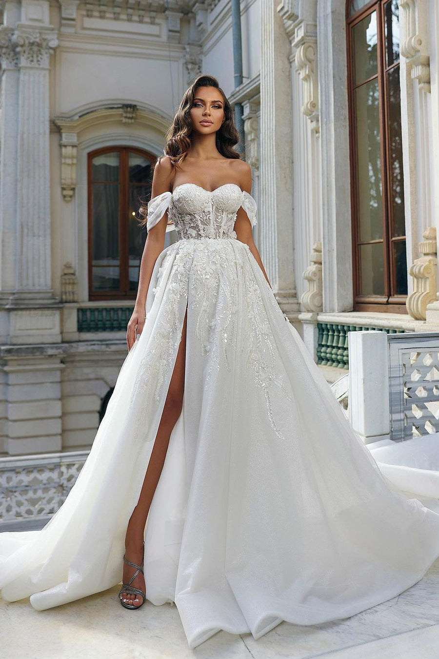 Beautiful Long White A-line Off-the-shoulder Lace Flowers Wedding Dress With Slit-misshow.com