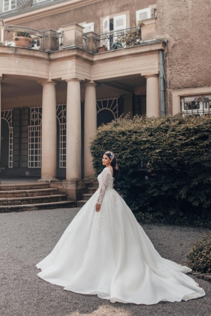 Beautiful Long White A-line Square Neck Lace Wedding Dress with Long Sleeves