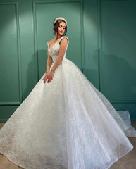 Beautiful Long White A-line V-neck Lace Sleeveless Wedding Dress-misshow.com