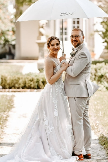 Beautiful Long White A-line V-neck Sleeveless Wedding Dress with Lace