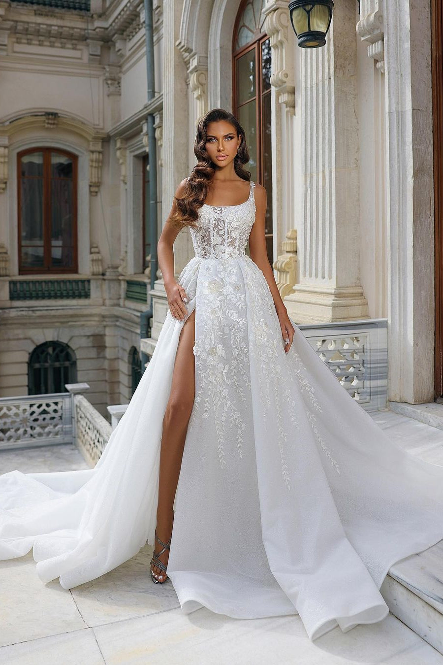 Beautiful Long White Straps A-line Sleeveless Lace Wedding Dress With Slit-misshow.com