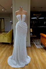 Beautiful Long White V-neck Sleeveless Sequined Mermaid Prom Dress-misshow.com