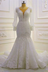 Beautiful Mermaid Long Sleeves Lace Appliques Wedding Dress With Train-misshow.com