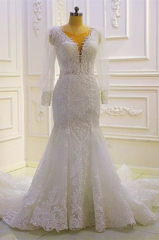 Beautiful Mermaid Long Sleeves Lace Appliques Wedding Dress With Train-misshow.com