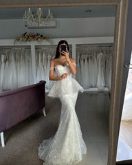 Beautiful Mermaid Tulle Lace Sweetheart Sleeveless White Wedding Dresses With Appliques