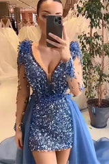 Beautiful Mini V-Neck Long Sleeveless Sheath Sequined Prom Dress with Court Train-misshow.com