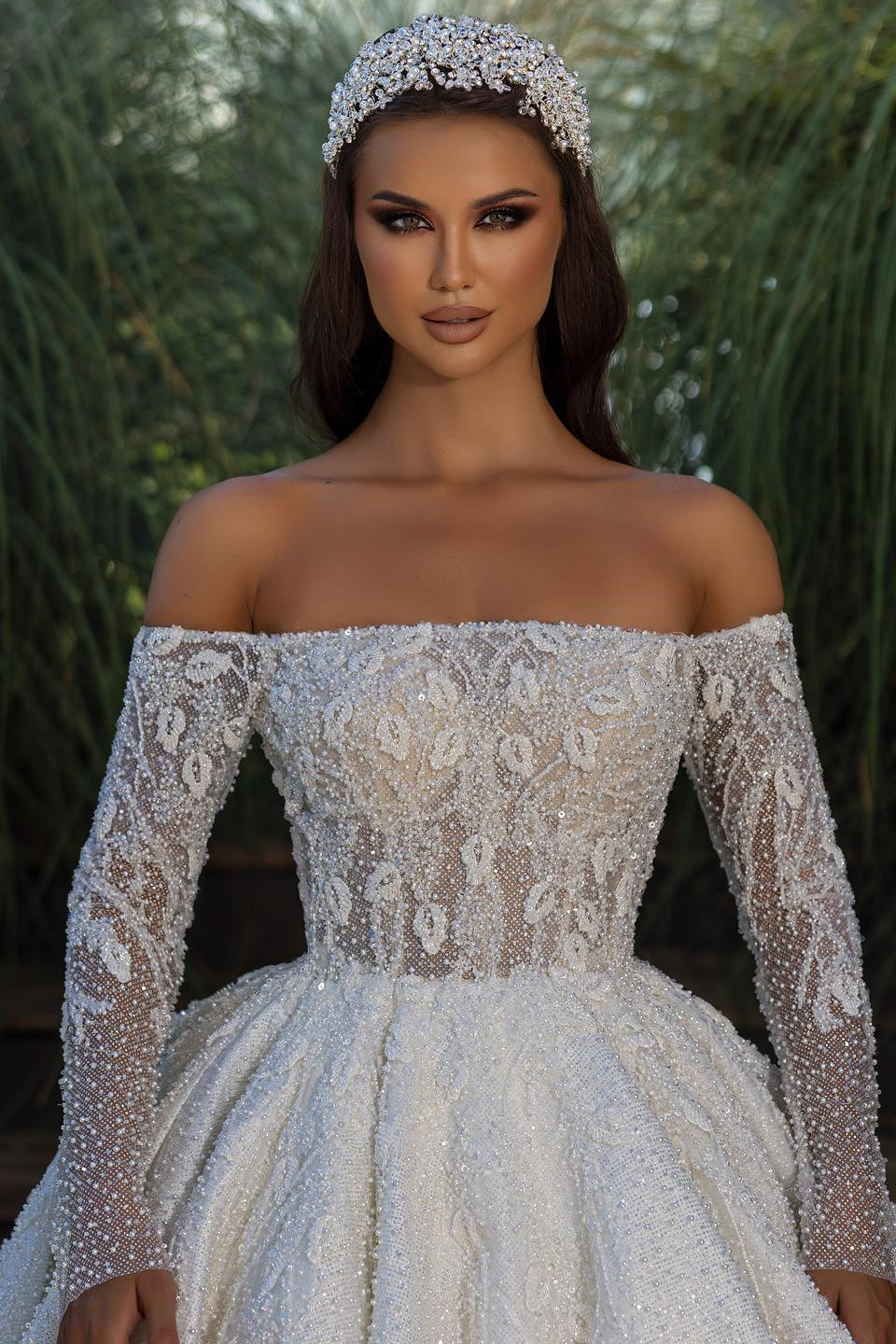 Beautiful Off-the-shoulder A-line White Lace Beading Wedding Dress With Long Sleeves-misshow.com