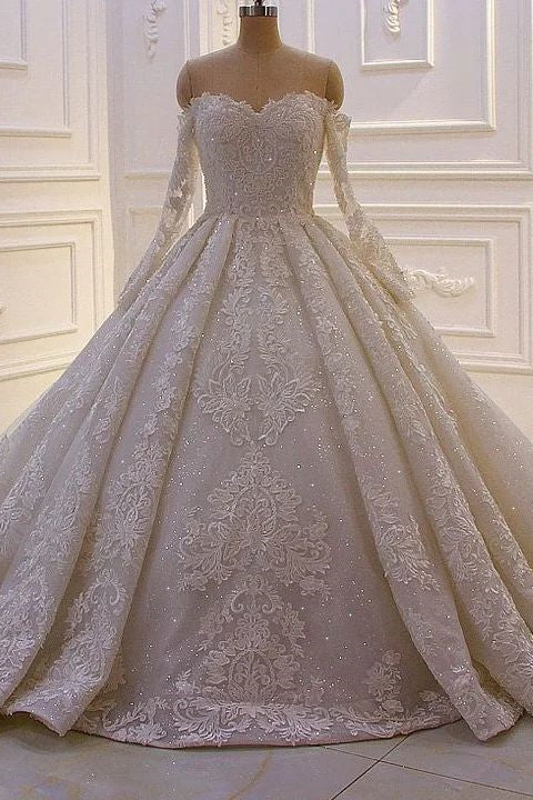 Beautiful Off-the-shoulder Long Sleeves Wedding Dress With Lace-misshow.com