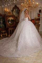 Beautiful Off-the-shoulder Sweetheart Sleeveless Ball Gown Wedding Dress With Glitter-misshow.com