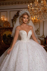 Beautiful Off-the-shoulder Sweetheart Sleeveless Ball Gown Wedding Dress With Glitter-misshow.com