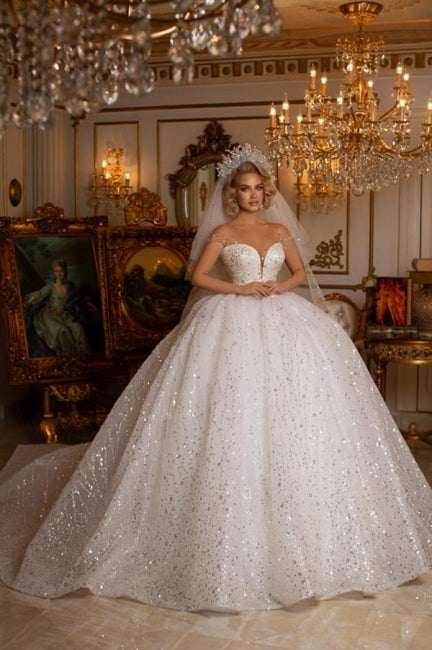 Beautiful Off-the-shoulder Sweetheart Sleeveless Ball Gown Wedding Dress With Glitter-misshow.com