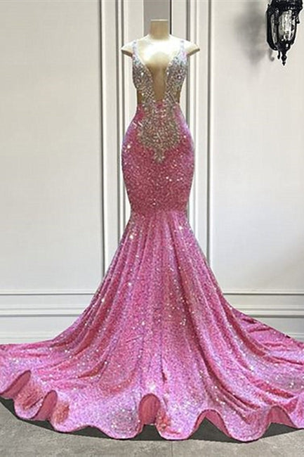 Beautiful Pink Sequined Sleeveless Straps Floor Length Beading Mermaid Prom Dress-misshow.com