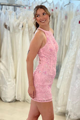 Beautiful Pink Sleeveless Halter Backless Homecoming Dress With Lace-misshow.com