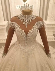 Beautiful Princess A-line Jewels Lace Wedding Dresses With Long Sleeves-misshow.com