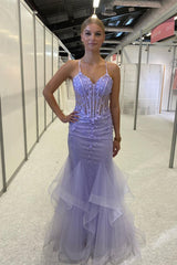 Beautiful Purple Spaghetti Straps Lace Sleeveless Prom Dress With Slit-misshow.com