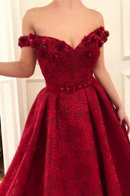 Beautiful Red Off-the-shoulder A-line Lace Prom Dress With Ruffles-misshow.com