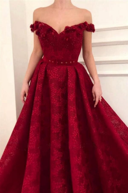 Beautiful Red Off-the-shoulder A-line Lace Prom Dress With Ruffles-misshow.com