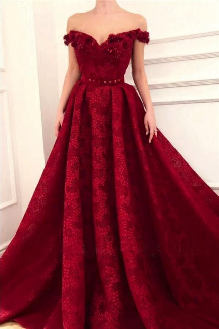 Beautiful Red Off-the-shoulder A-line Lace Prom Dress With Ruffles-misshow.com